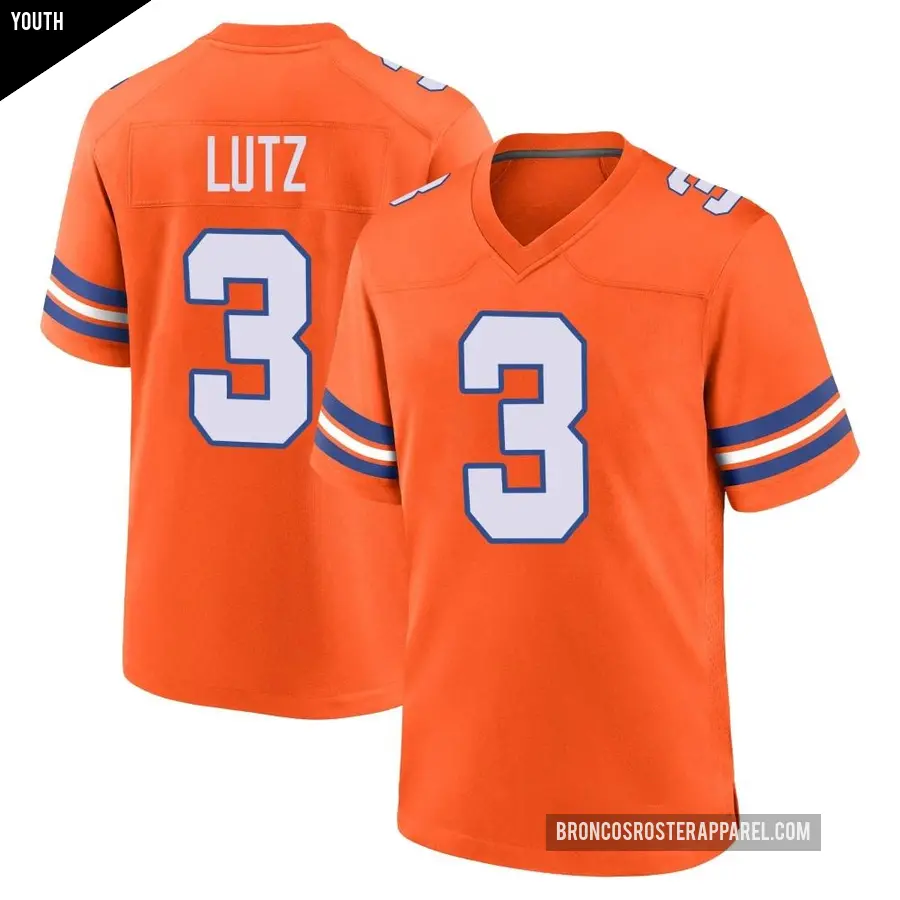 Youth Denver Broncos ＃3 Wil Lutz Orange Game Alternate Mile High Collection 1977 Throwback Jersey
