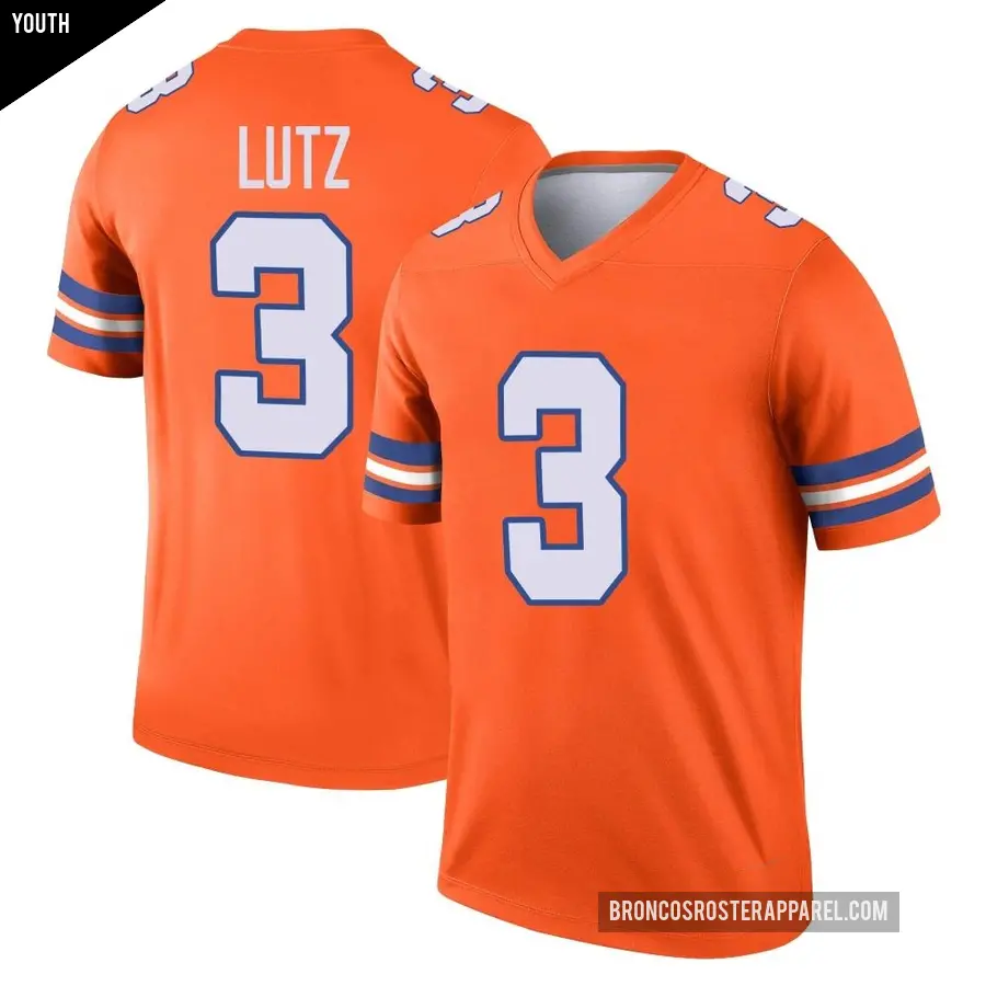 Youth Denver Broncos ＃3 Wil Lutz Orange Legend Alternate Mile High Collection 1977 Throwback Jersey